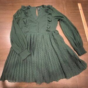 Zara TRF Green Puff Sleeve Flare Ruffled Pleated Mini Dress Size L